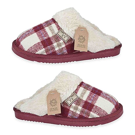 Jo - Joe Ladies Shetland Fur Collar Mule Slippers (Size 6) - Cherry