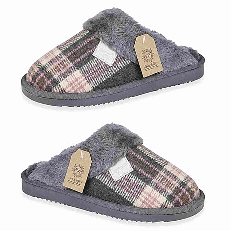 Jo - Joe Ladies Shetland Fur Collar Mule Slippers (Size 7) - Pebble
