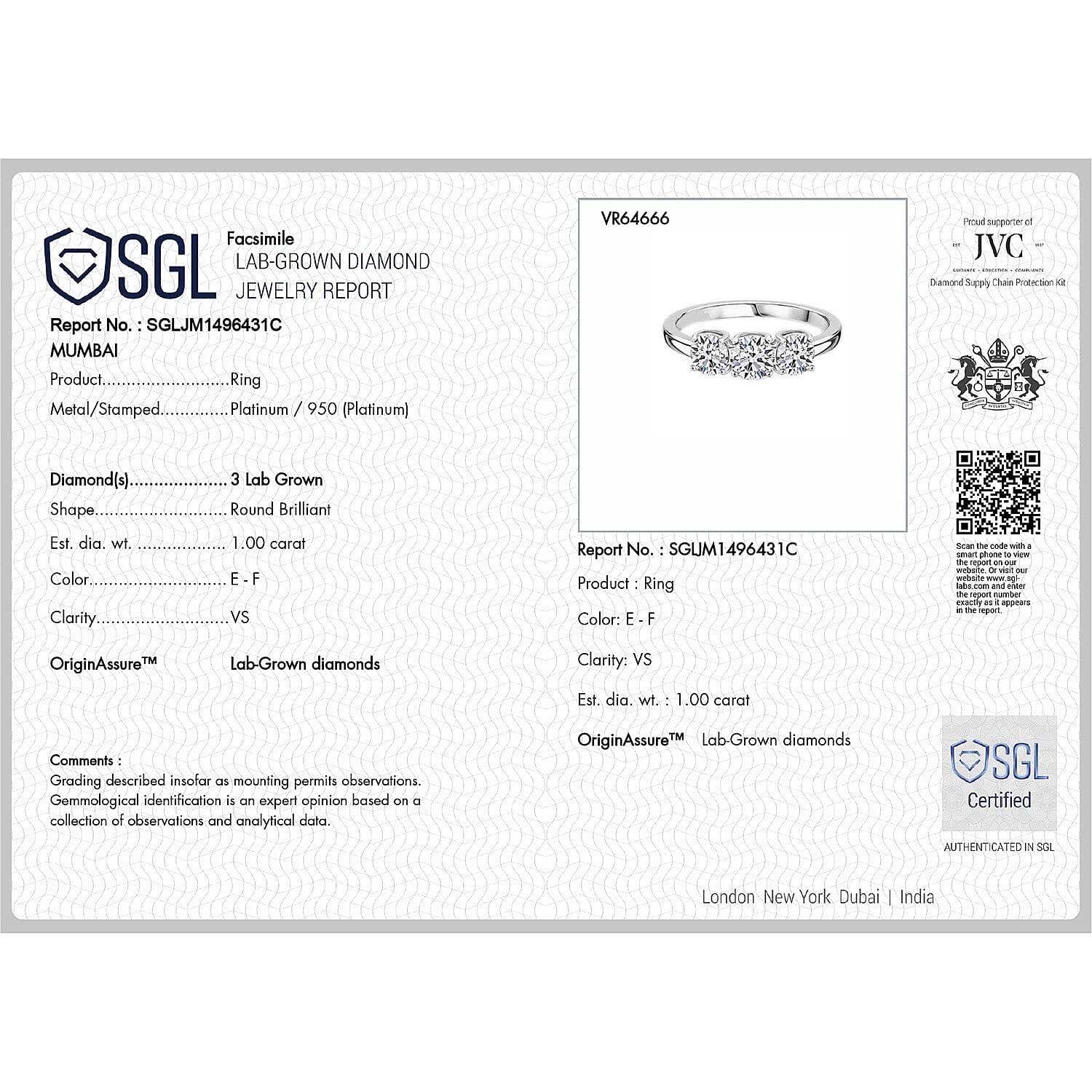 Luxuriant - 950 Platinum SGL Certified Lab Grown Diamond (VS-EF) Trilogy Ring 1.00 Ct, Platinum Wt. 3.30 Gms.