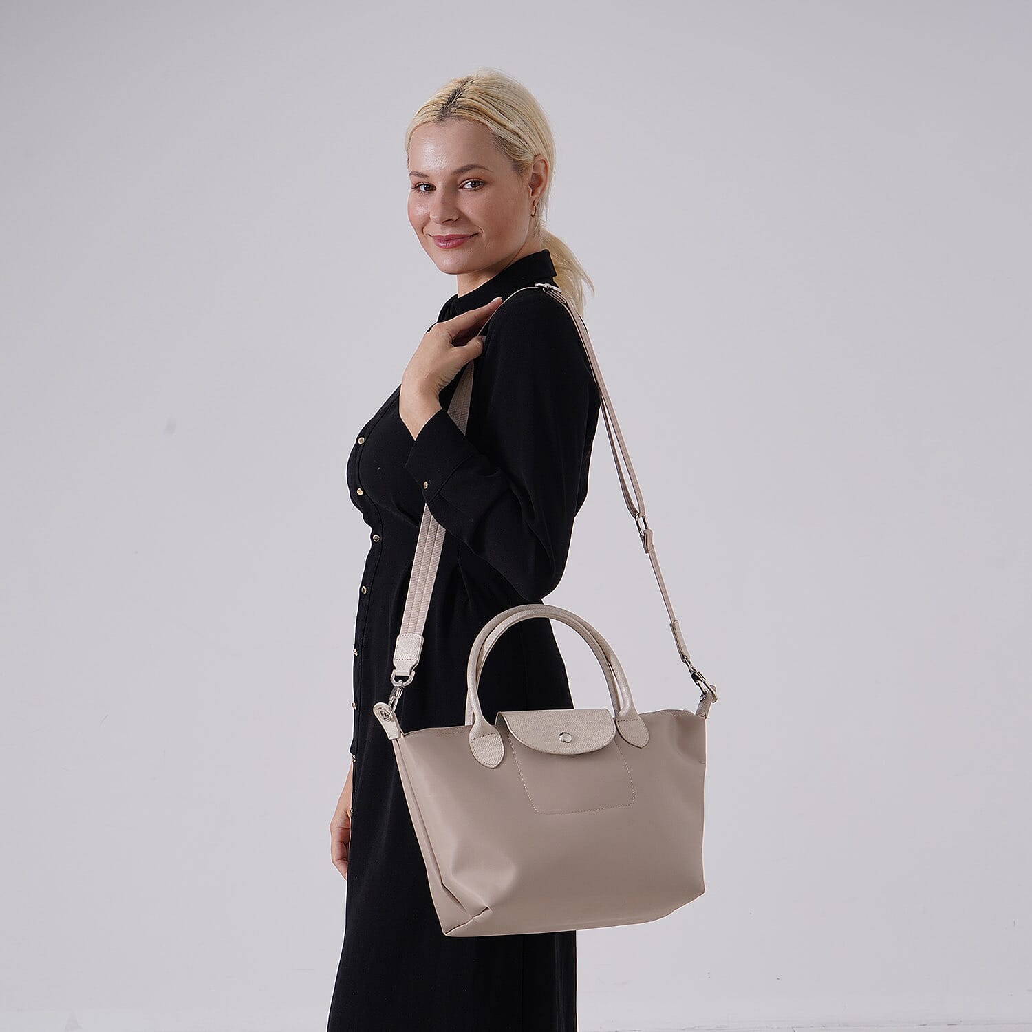 Stylish Water-Resistant Tote Bag with Top Handles & Strap - Beige