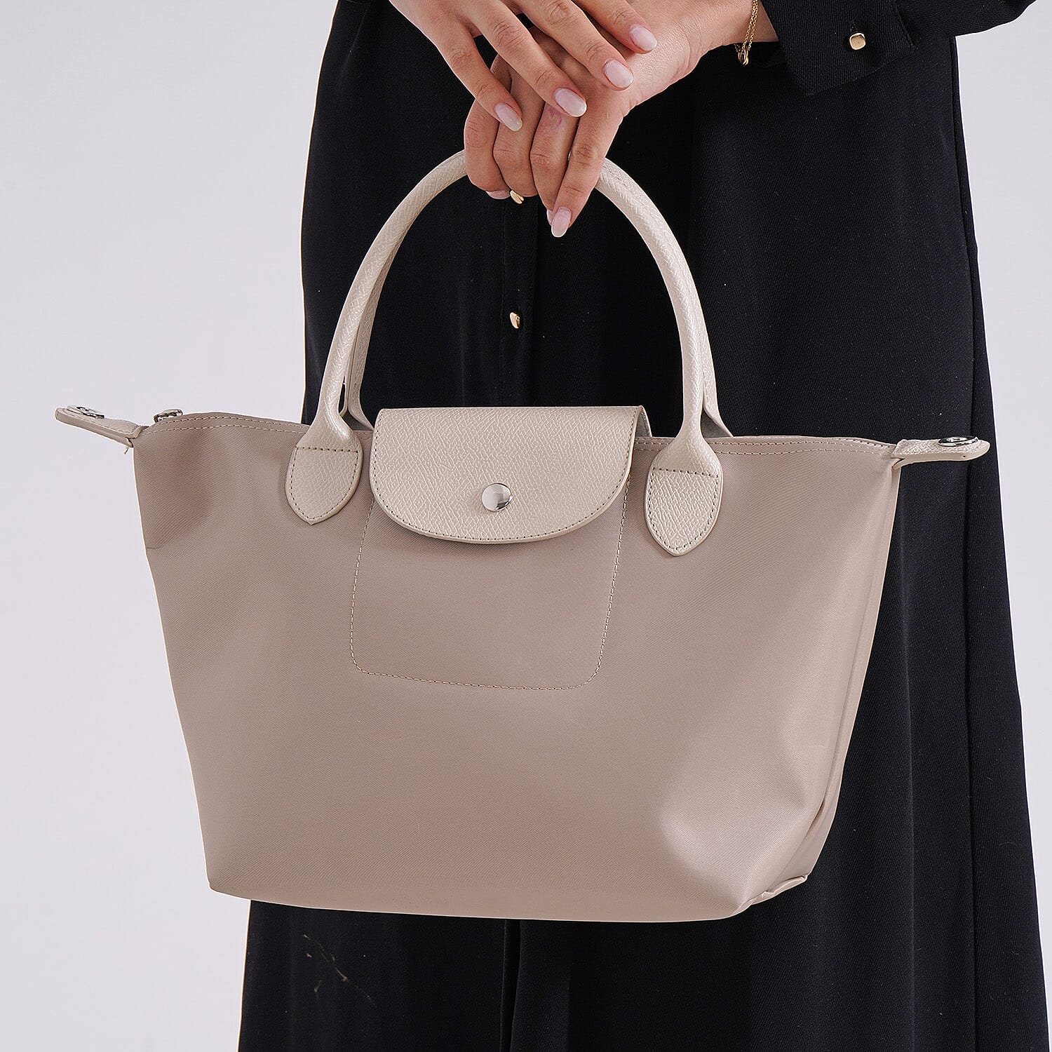 Stylish Water-Resistant Tote Bag with Top Handles & Strap - Beige