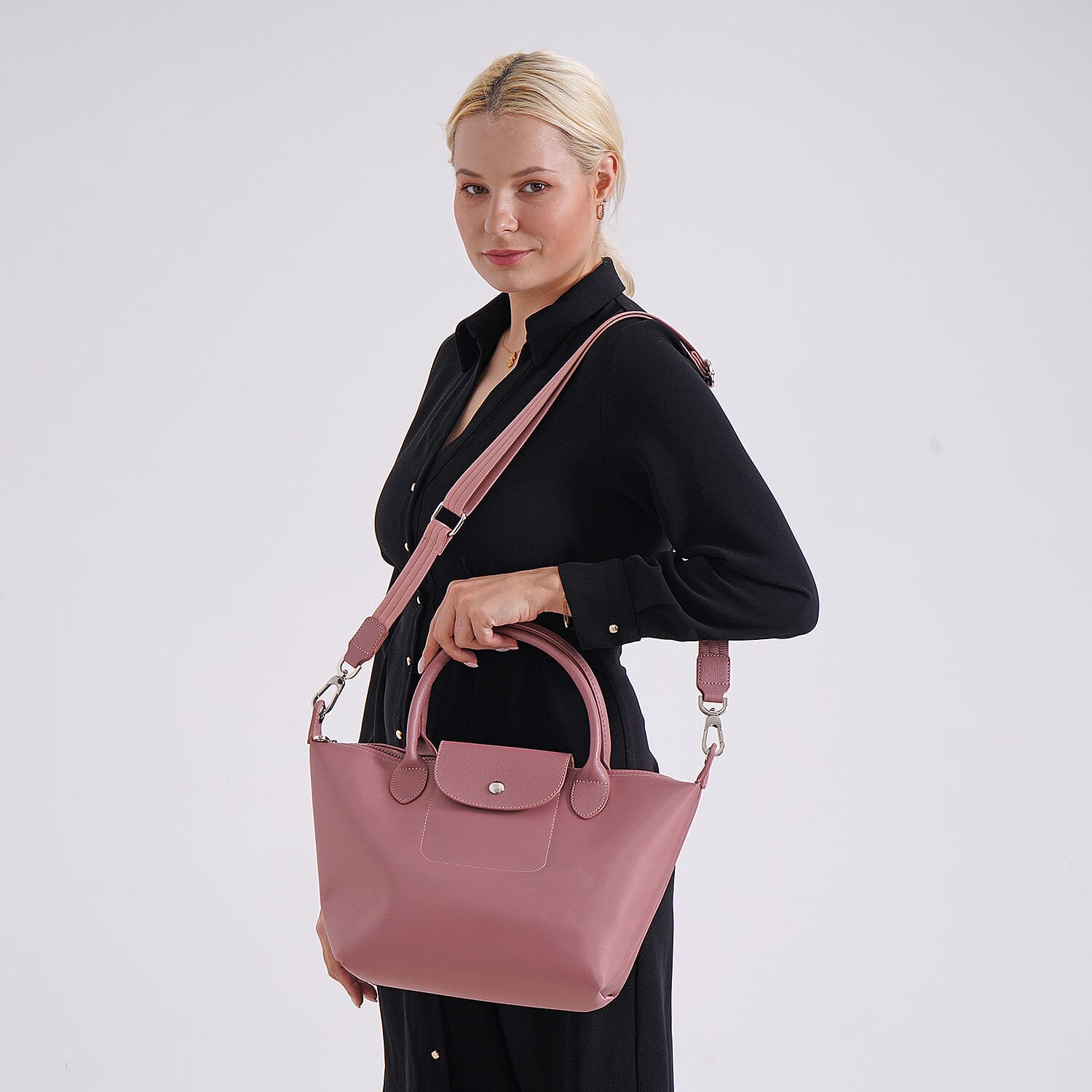 Stylish Water-Resistant Tote Bag with Top Handles & Strap - Pink