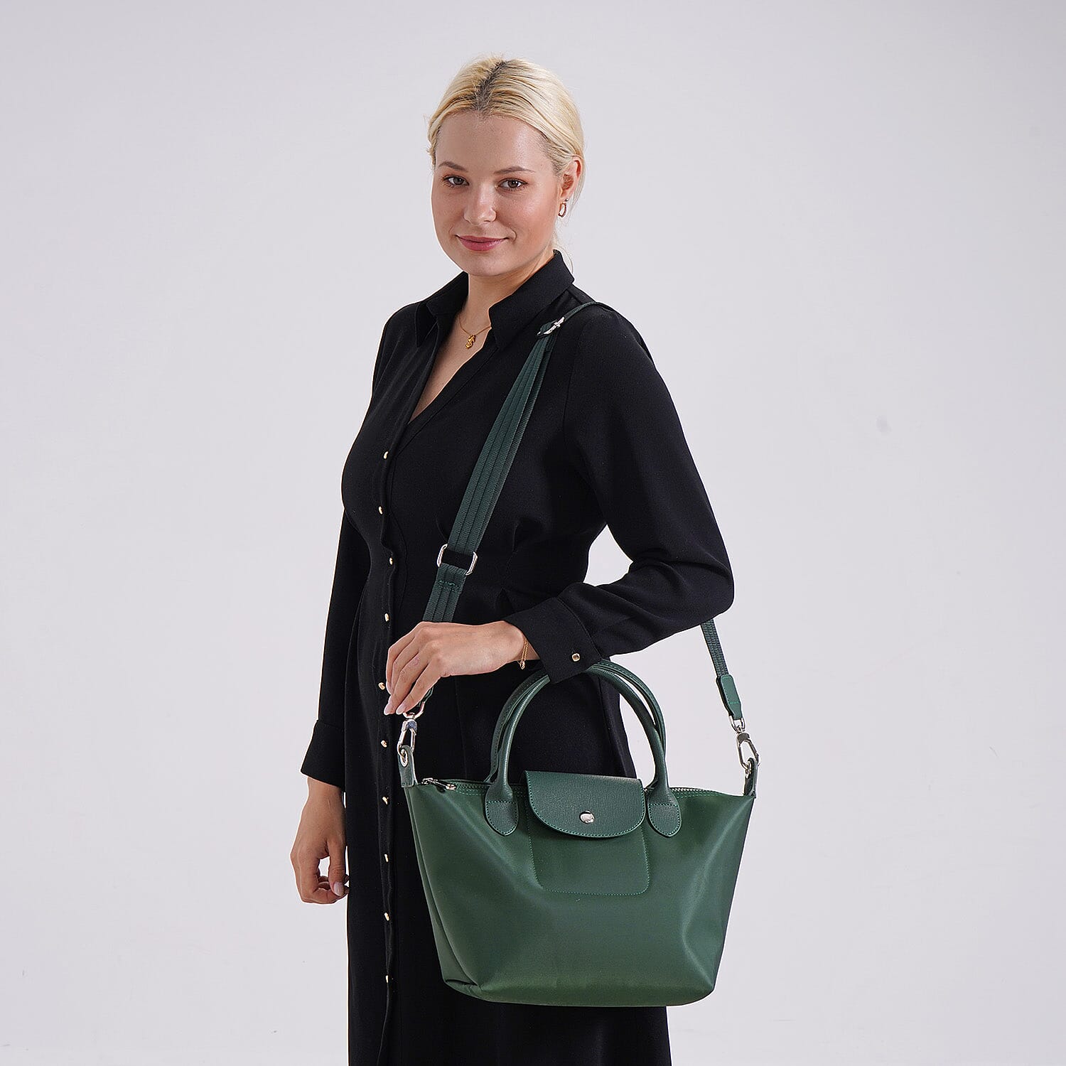 Stylish Water-Resistant Tote Bag with Top Handles & Strap - Dark Green