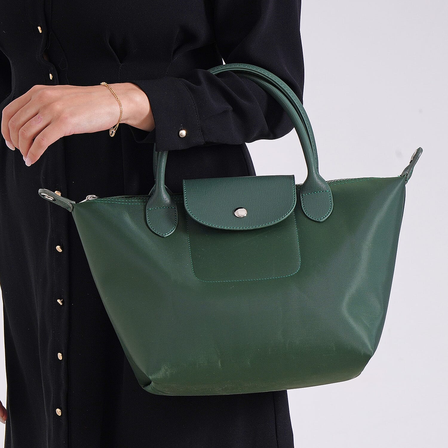 Stylish Water-Resistant Tote Bag with Top Handles & Strap - Dark Green