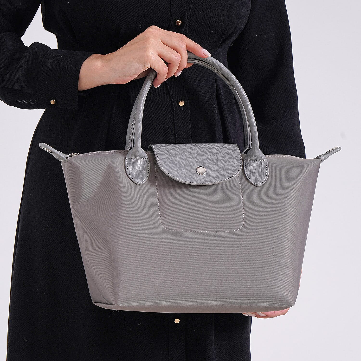 Stylish Water-Resistant Tote Bag with Top Handles & Strap - Grey