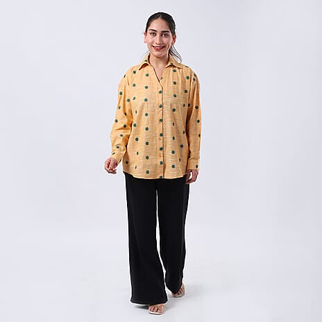 100% Cotton Relaxed Fit Embroidered Long Sleeve Shirt (Size M) - Yellow