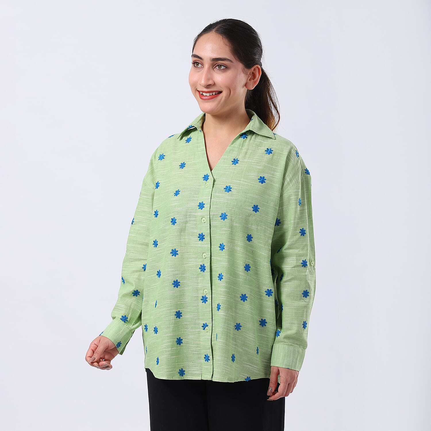 Pure Cotton Relaxed Fit Embroidered Long Sleeve Shirt