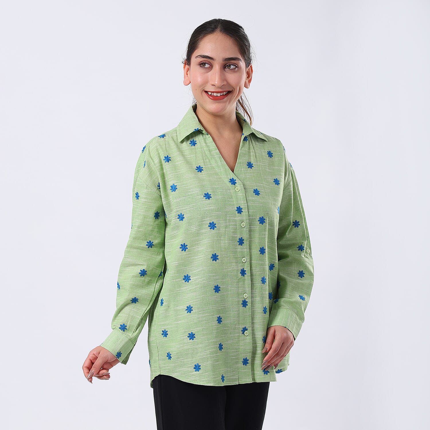 Pure Cotton Relaxed Fit Embroidered Long Sleeve Shirt