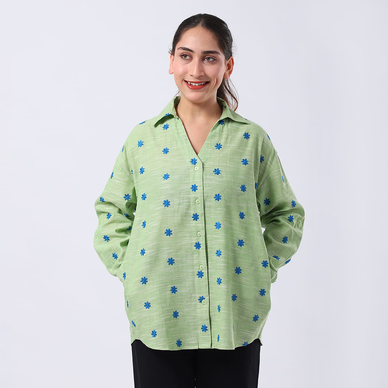 Pure Cotton Relaxed Fit Embroidered Long Sleeve Shirt