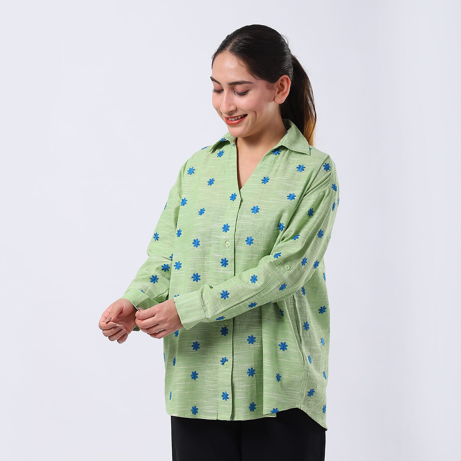Pure Cotton Relaxed Fit Embroidered Long Sleeve Shirt