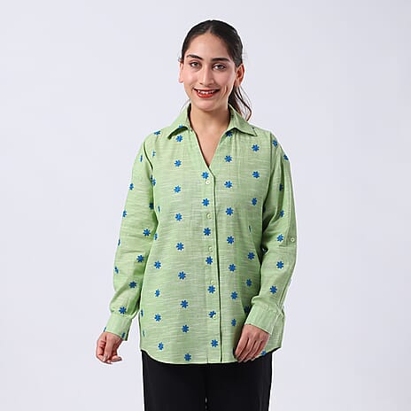 100% Cotton Relaxed Fit Embroidered Long Sleeve Shirt (Size XL) - Lime