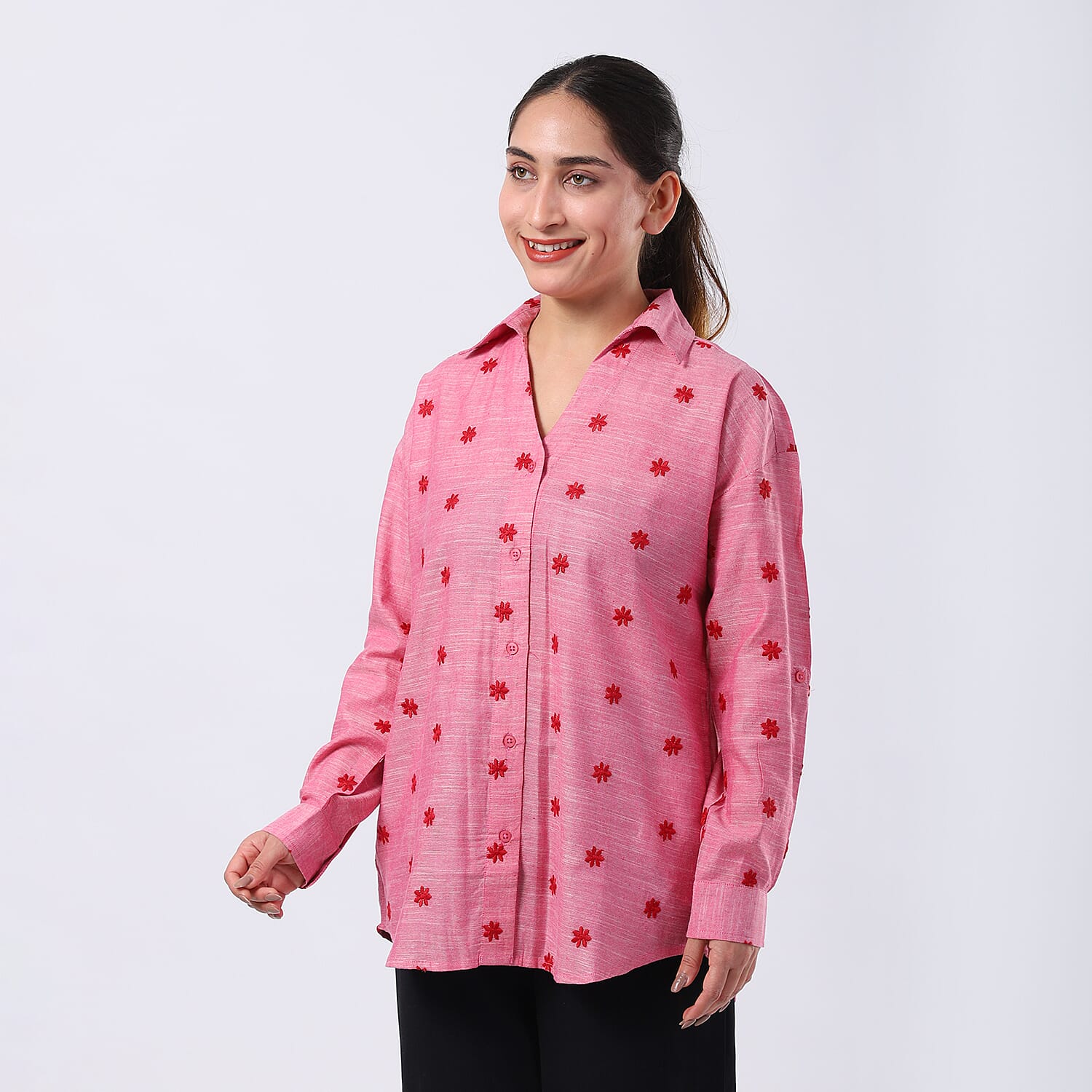 Pure Cotton Relaxed Fit Embroidered Long Sleeve Shirt
