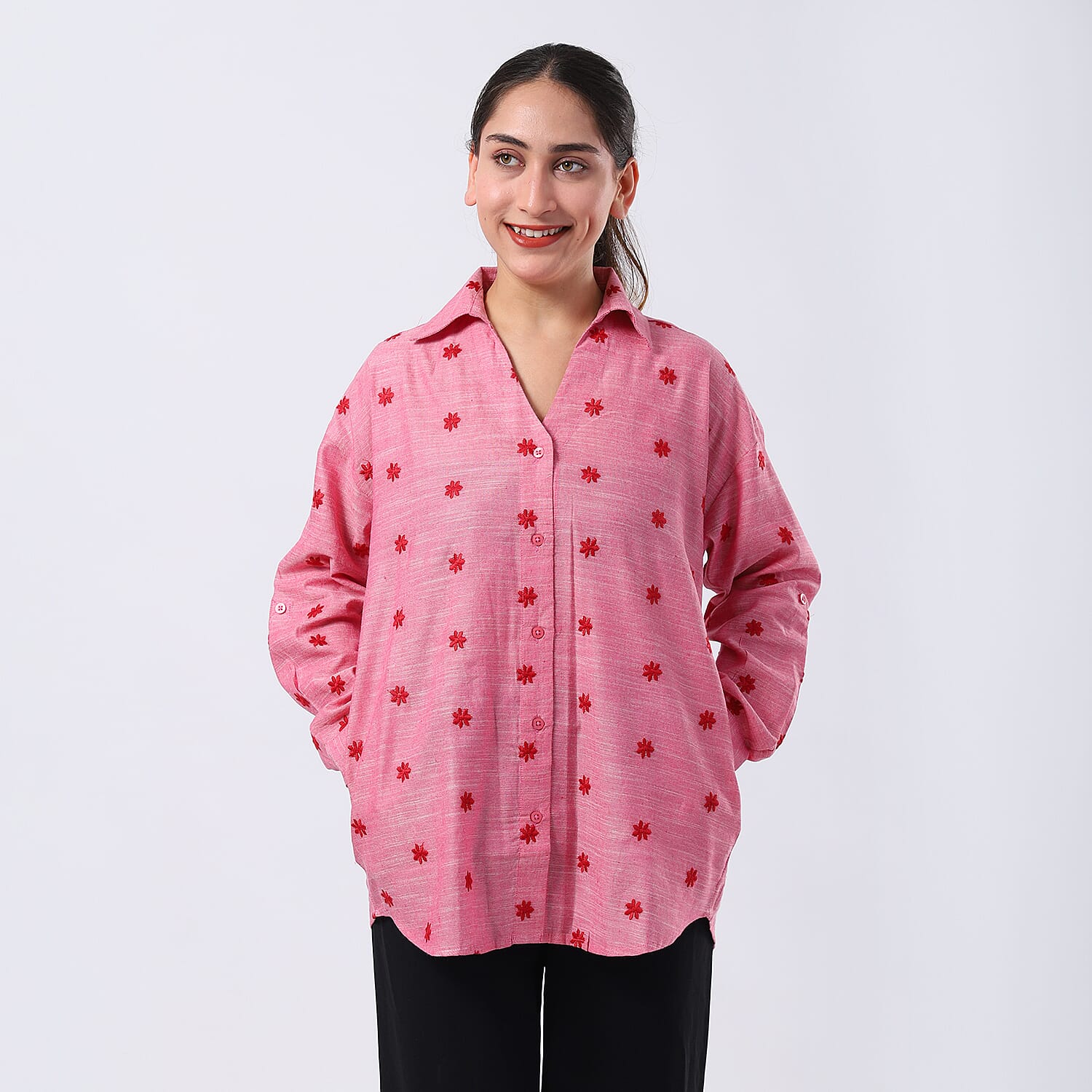 Pure Cotton Relaxed Fit Embroidered Long Sleeve Shirt