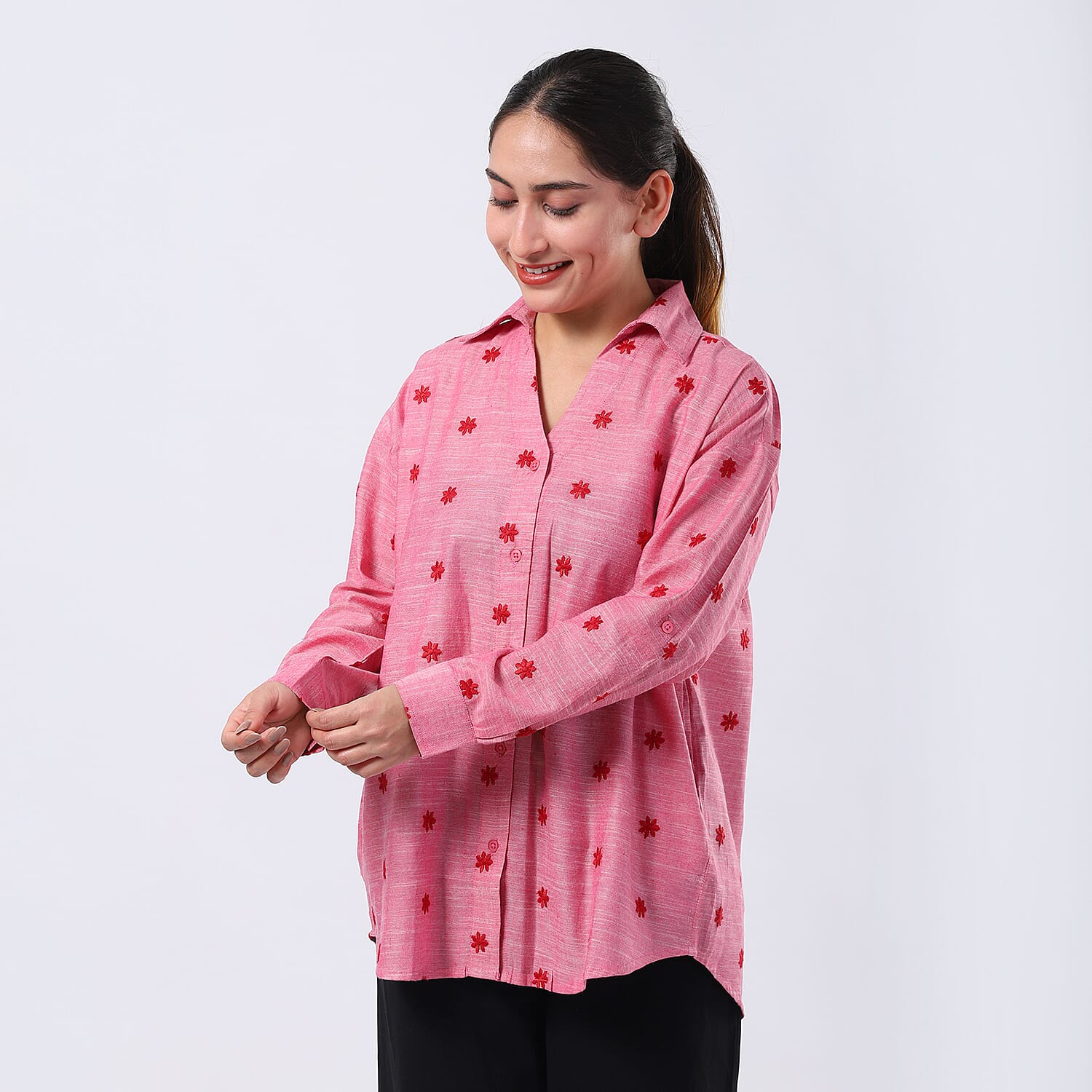 Pure Cotton Relaxed Fit Embroidered Long Sleeve Shirt