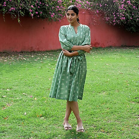 LA Marey Signature 100% Cotton Cambric Hand Block Printed Dress with Belt (Size M) - Green