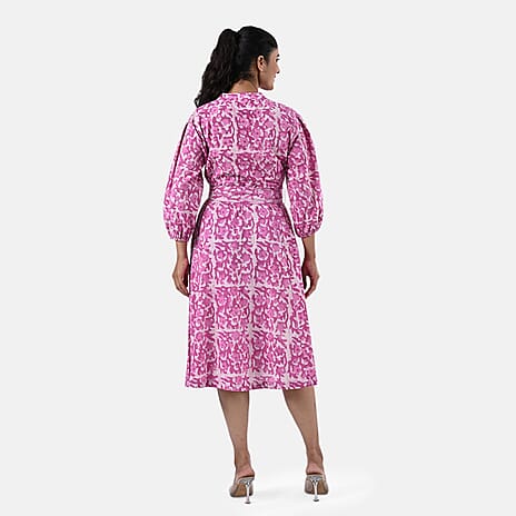 Sukriti 100 % Cotton Hand Block Print Dress with Belt (Size S) - Pink