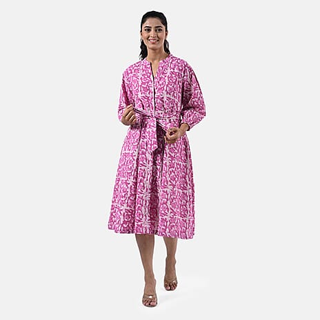 Sukriti 100 % Cotton Hand Block Print Dress with Belt (Size XXL) - Pink