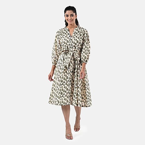 Sukriti 100 % Cotton Hand Block Leaf Print Dress with Belt (Size S) - Light Yellow