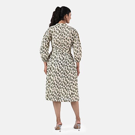 Sukriti 100 % Cotton Hand Block Leaf Print Dress with Belt (Size M) - Light Yellow