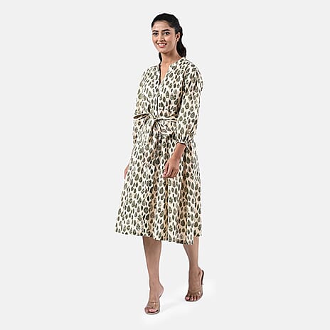 Sukriti 100 % Cotton Hand Block Leaf Print Dress with Belt (Size XL) - Light Yellow