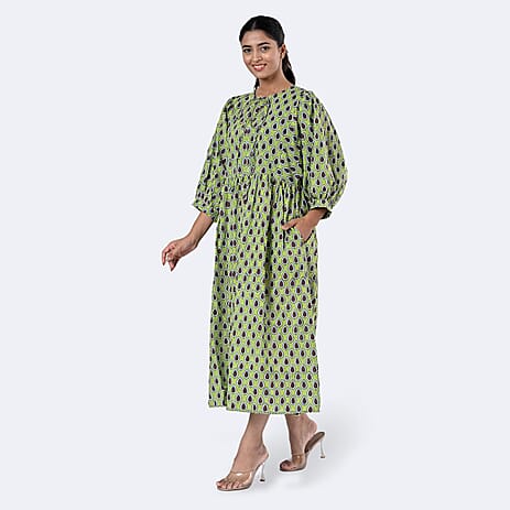 La Marey Womens Hand Block Print Cotton Dress (Size S) - Green