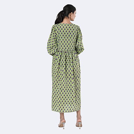 La Marey Womens Hand Block Print Cotton Dress (Size S) - Green