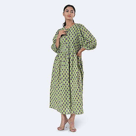 La Marey Womens Hand Block Print Cotton Dress (Size S) - Green
