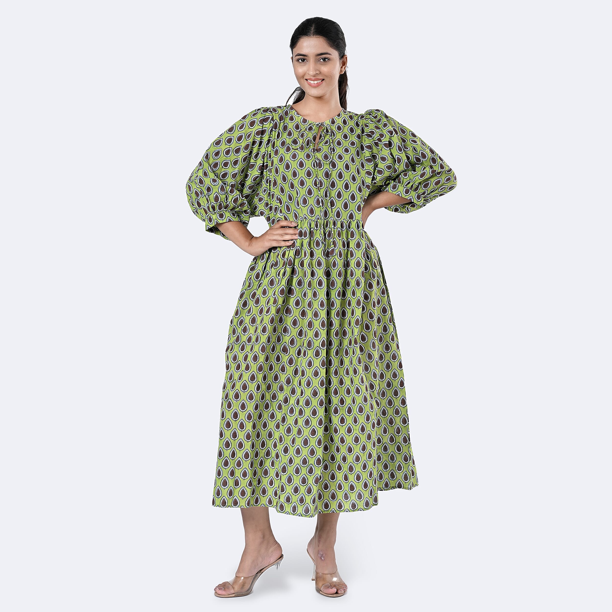La Marey Womens Hand Block Print Cotton Dress with Bottom and Sleeve Hem Border 