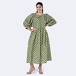 La Marey Womens Hand Block Print Cotton Dress with Bottom and Sleeve Hem Border 