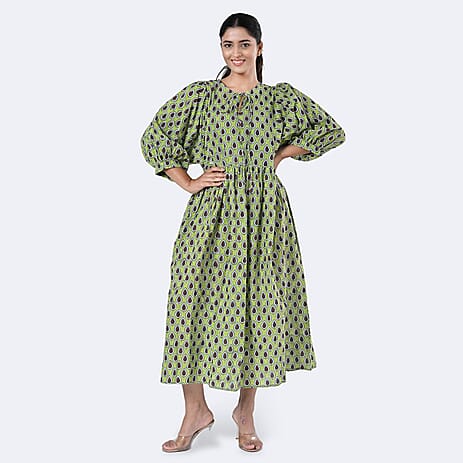 La Marey Womens Hand Block Print Cotton Dress (Size M) - Green