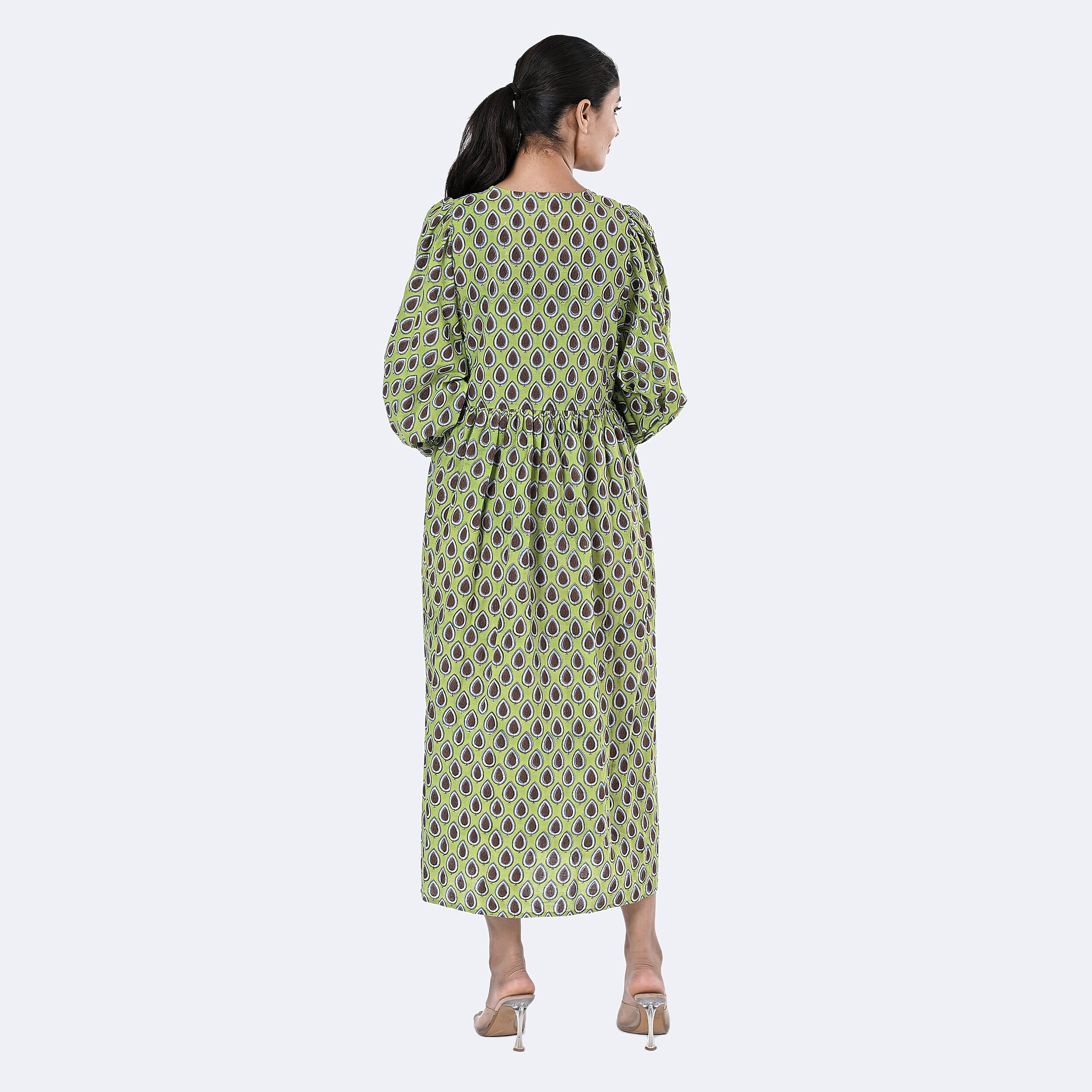 La Marey Womens Hand Block Print Cotton Dress with Bottom and Sleeve Hem Border 
