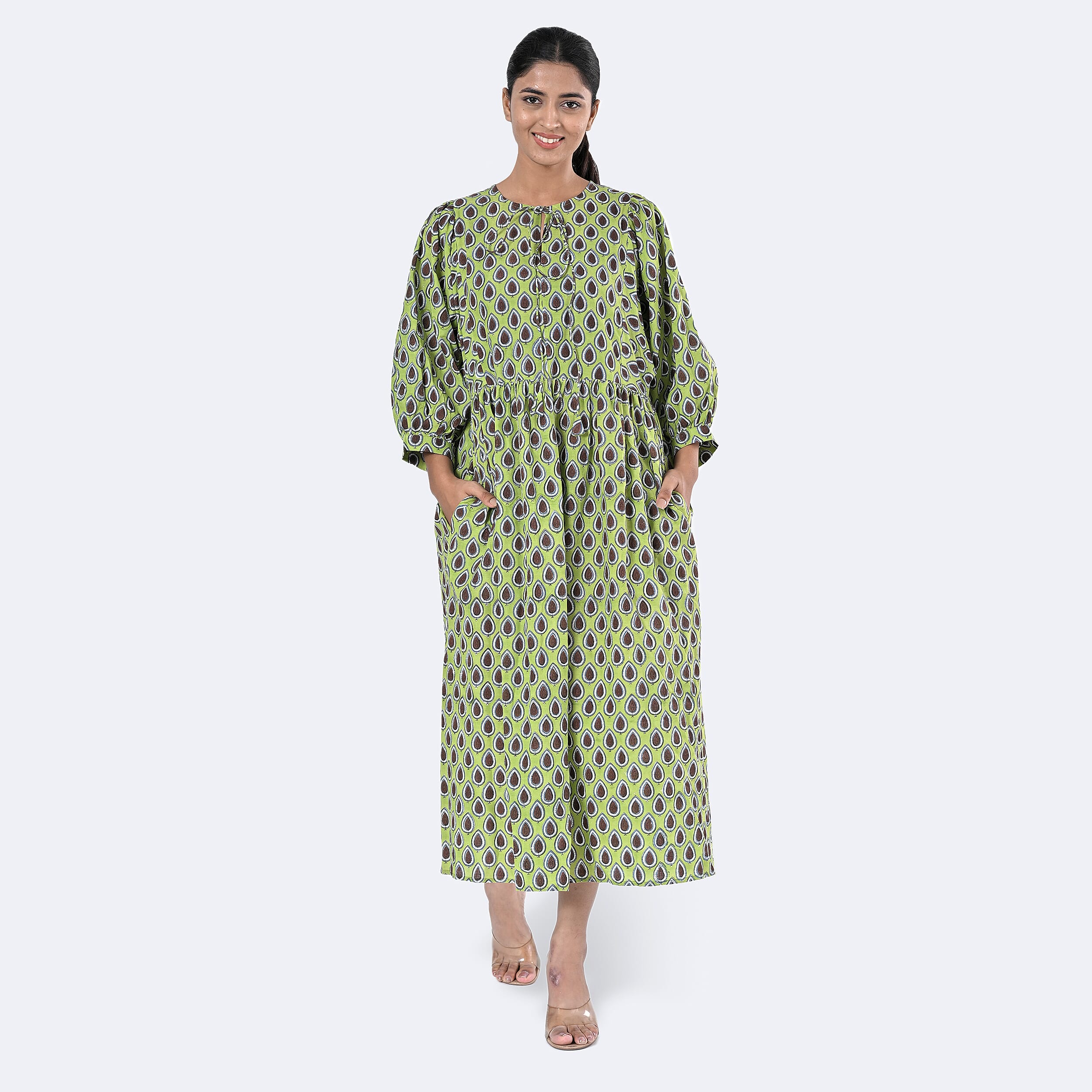 La Marey Womens Hand Block Print Cotton Dress with Bottom and Sleeve Hem Border 