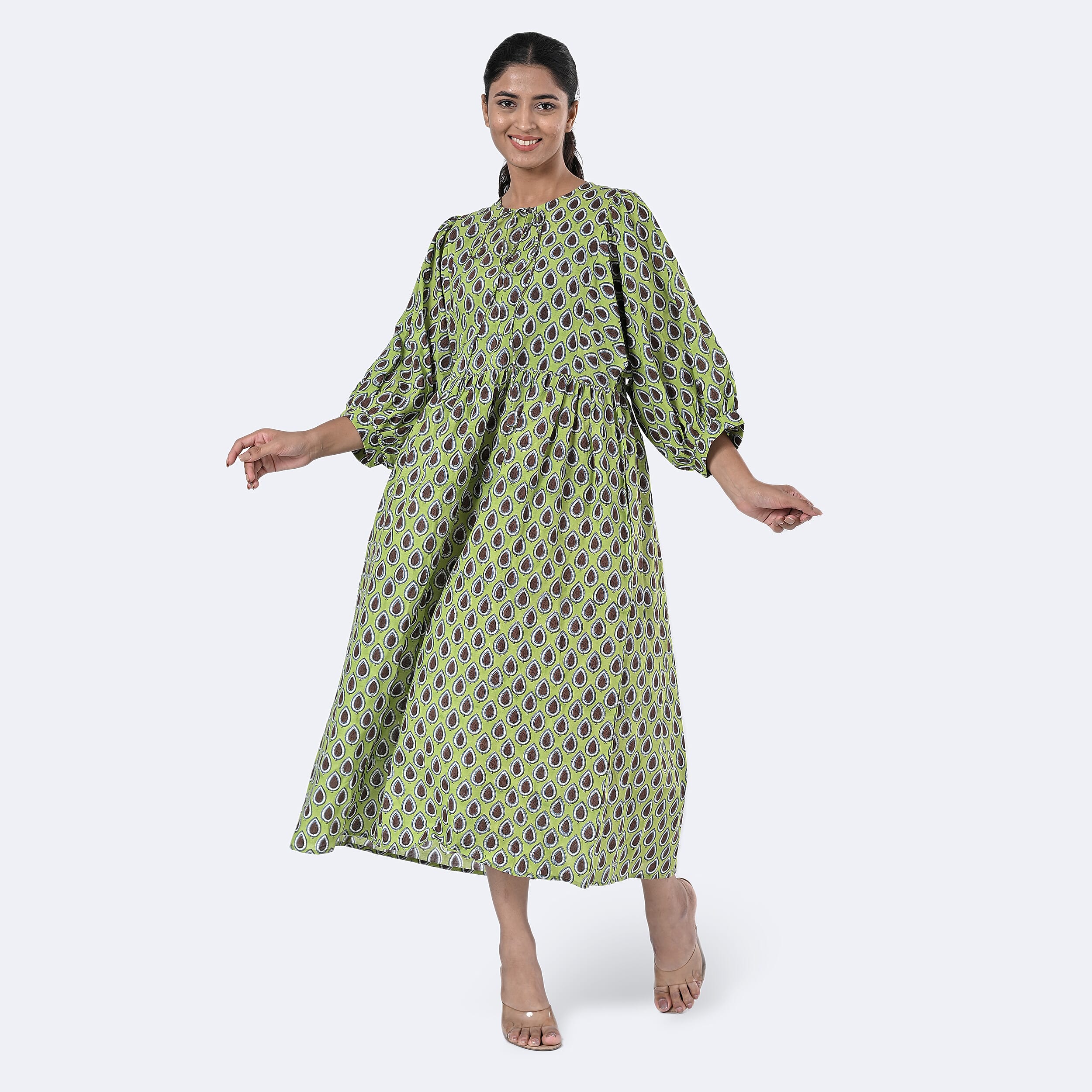 La Marey Womens Hand Block Print Cotton Dress (Size XL) - Green