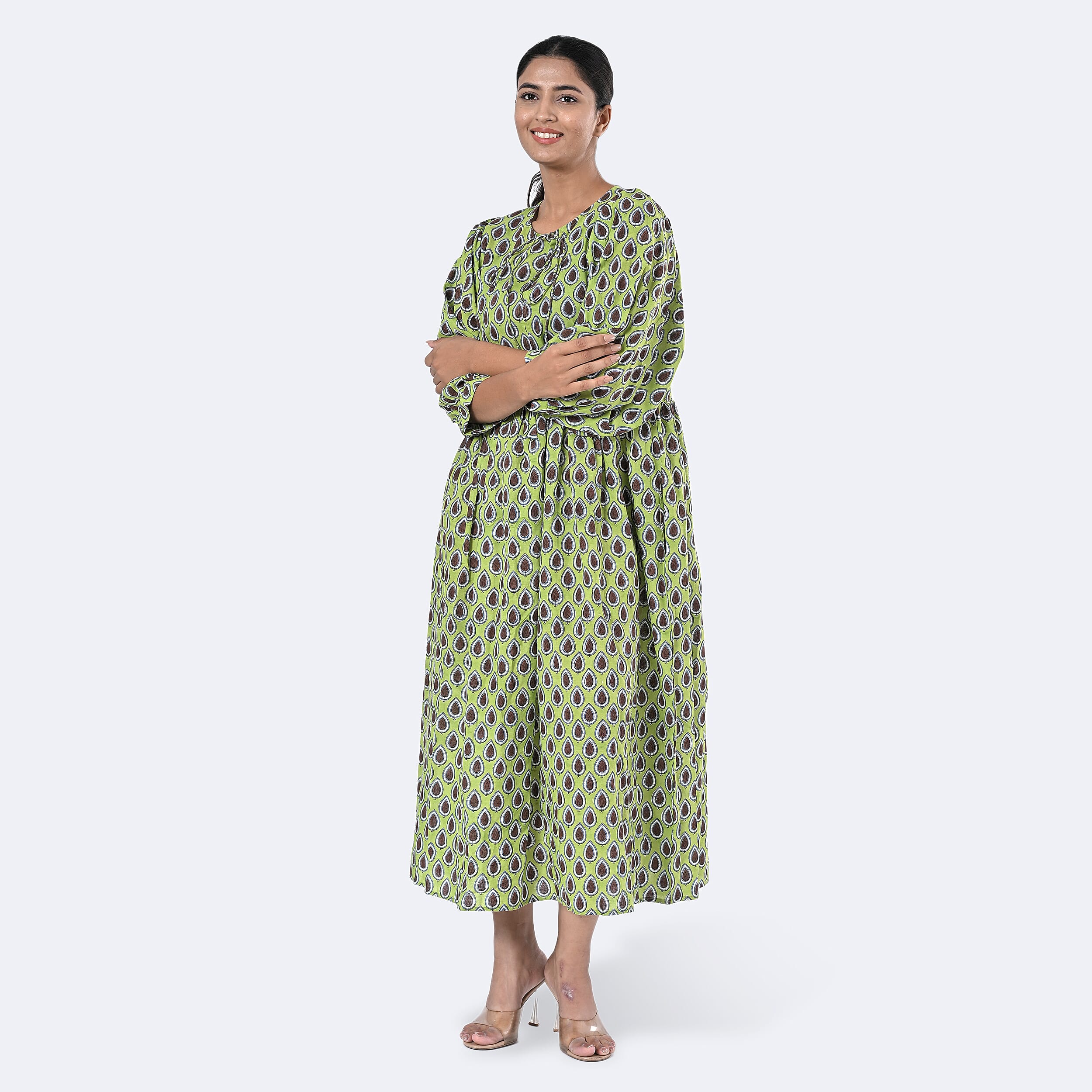 La Marey Womens Hand Block Print Cotton Dress (Size XL) - Green