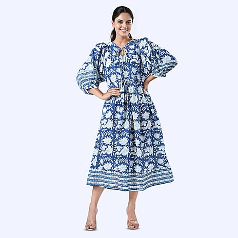 THE HANDMADE LUXURY - Sukriti 100% Cotton Bohemian Hand Block Printed Midi Dress (Size S) - Navy - White