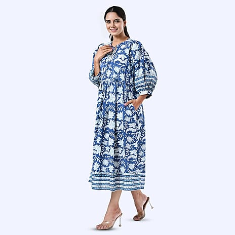 Sukriti 100% Cotton Bohemian Hand Block Printed Midi Dress (Size L) - Navy - White