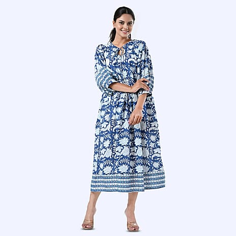 Sukriti 100% Cotton Bohemian Hand Block Printed Midi Dress (Size L) - Navy - White
