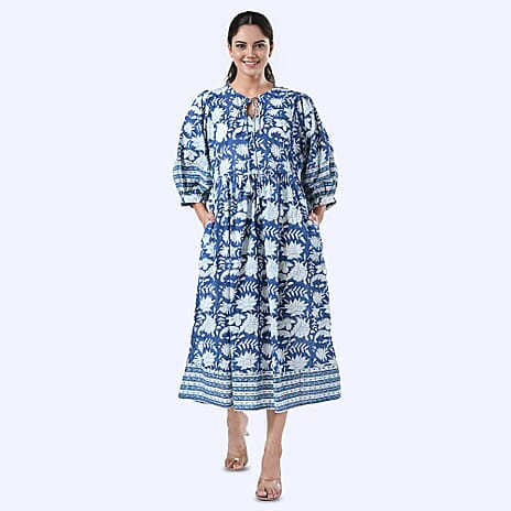 Sukriti 100% Cotton Bohemian Hand Block Printed Midi Dress (Size XL) - Navy - White