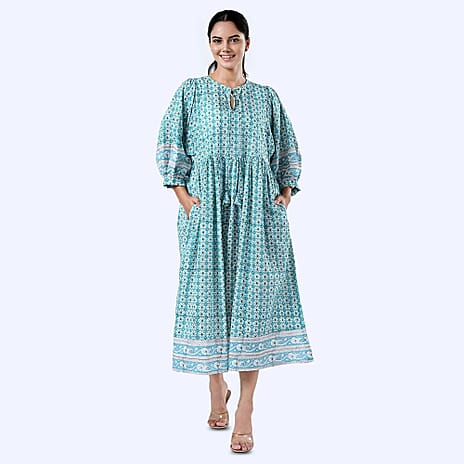 Sukriti 100% Cotton Bohemian Hand Block Printed Midi Dress (Size XXL) - Turquoise Green - White