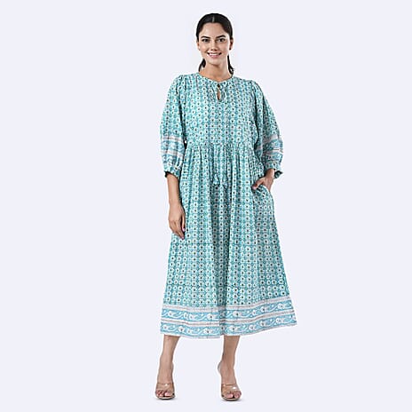 Sukriti 100% Cotton Bohemian Hand Block Printed Midi Dress (Size XXL) - Turquoise Green - White