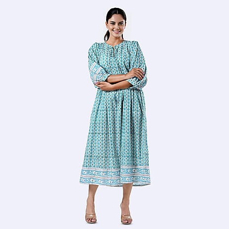 Sukriti 100% Cotton Bohemian Hand Block Printed Midi Dress (Size XXL) - Turquoise Green - White