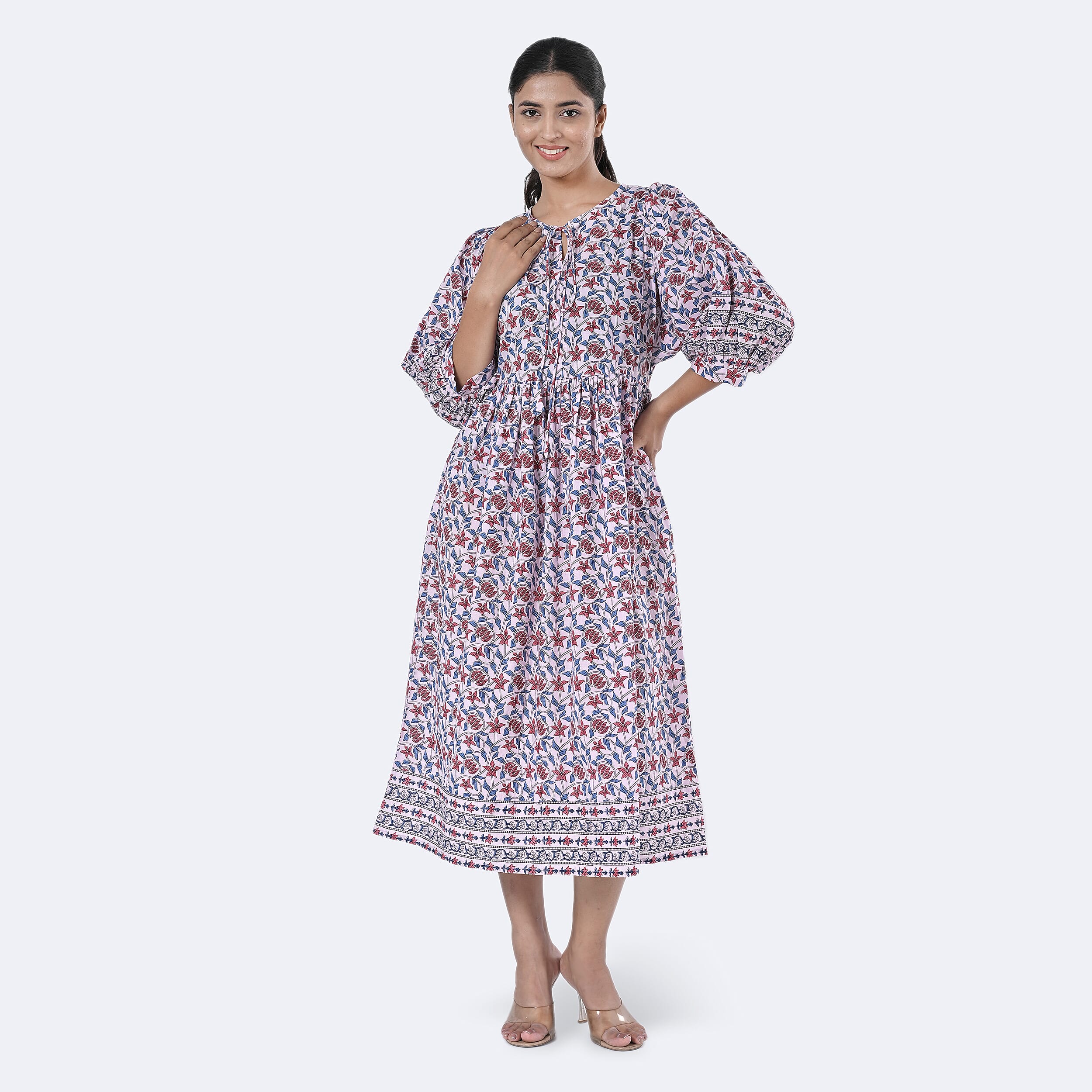 La Marey Womens Hand Block Print Cotton Dress with Bottom and Sleeve Hem Border 