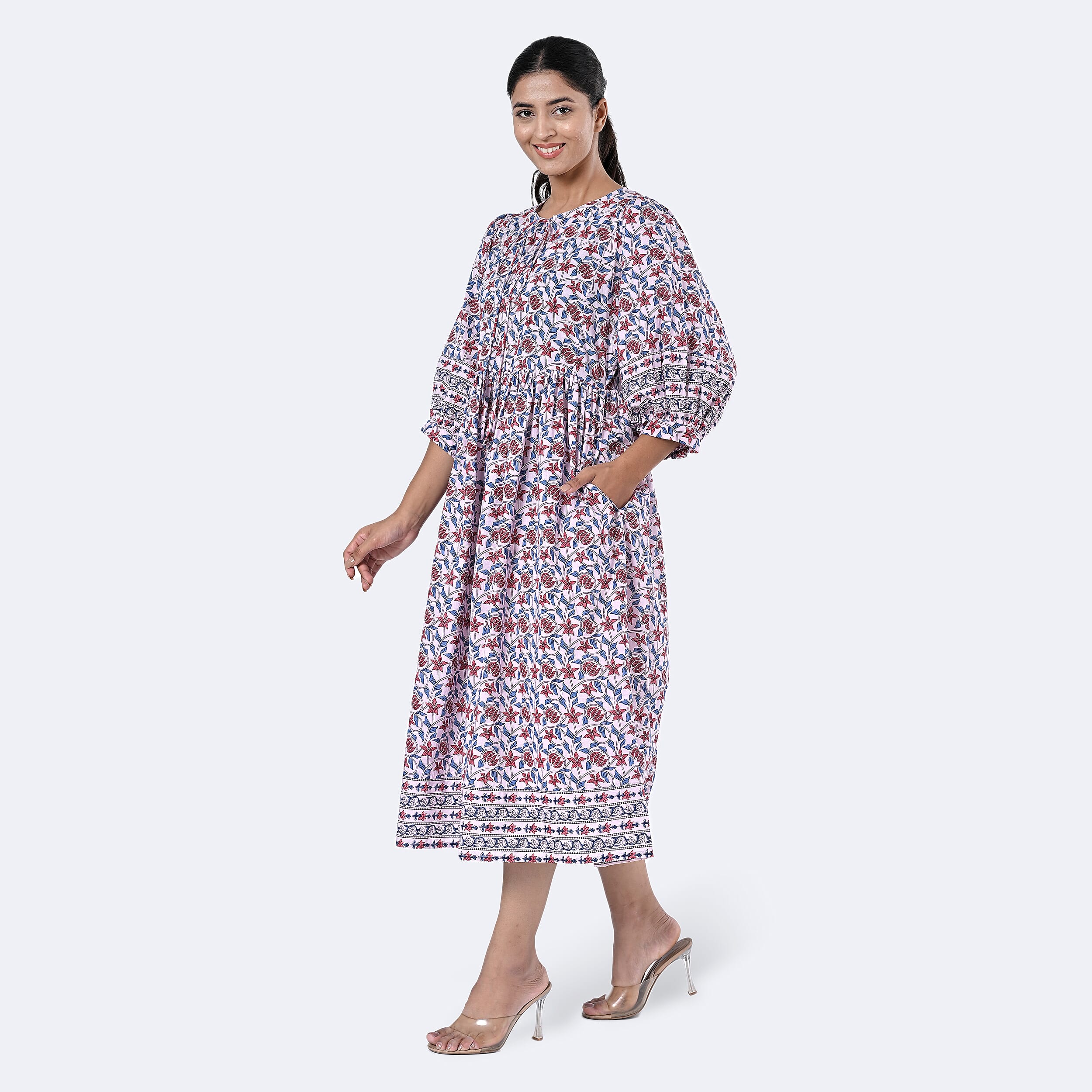 La Marey Womens Hand Block Print Cotton Dress with Bottom and Sleeve Hem Border 