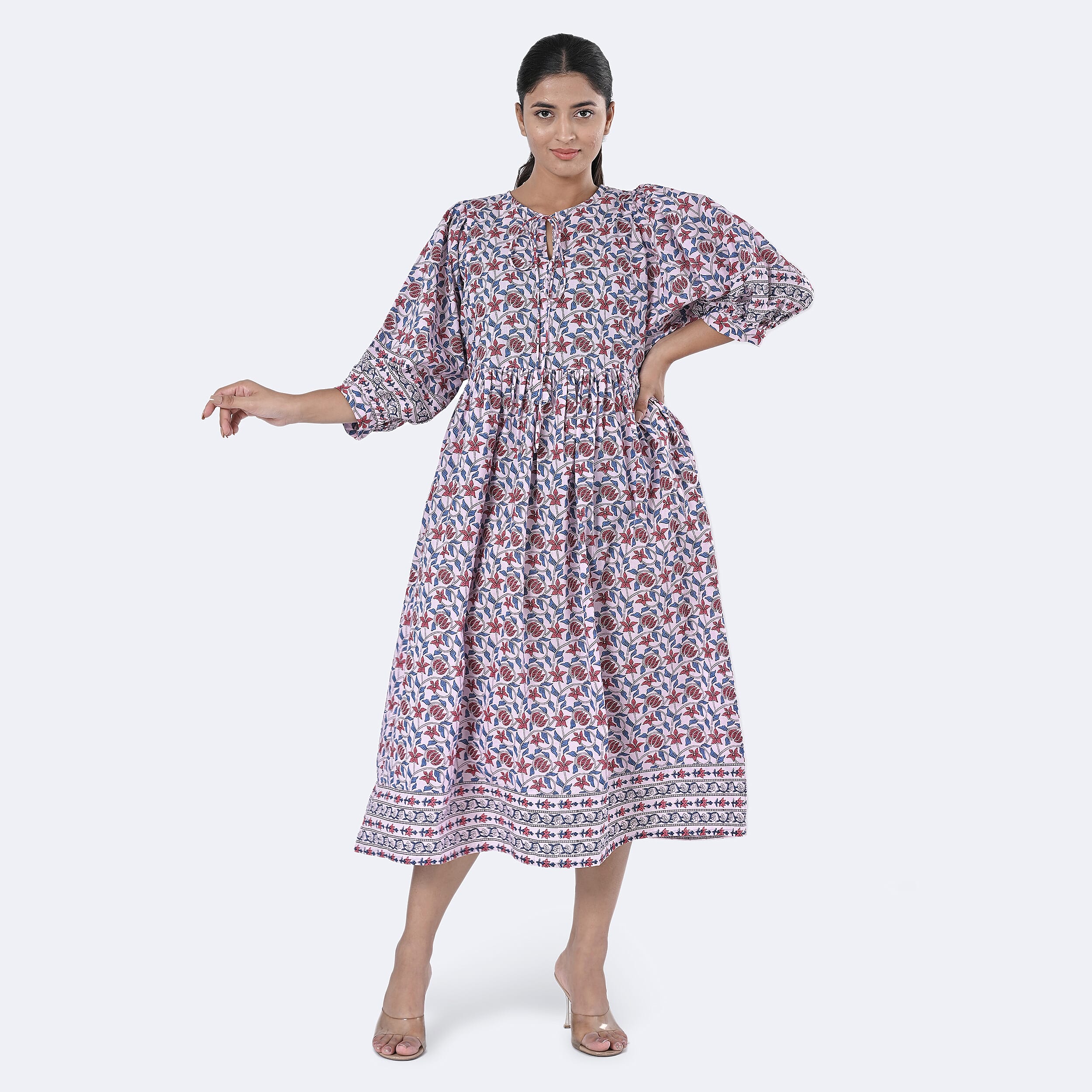 La Marey Womens Hand Block Print Cotton Dress with Bottom and Sleeve Hem Border 