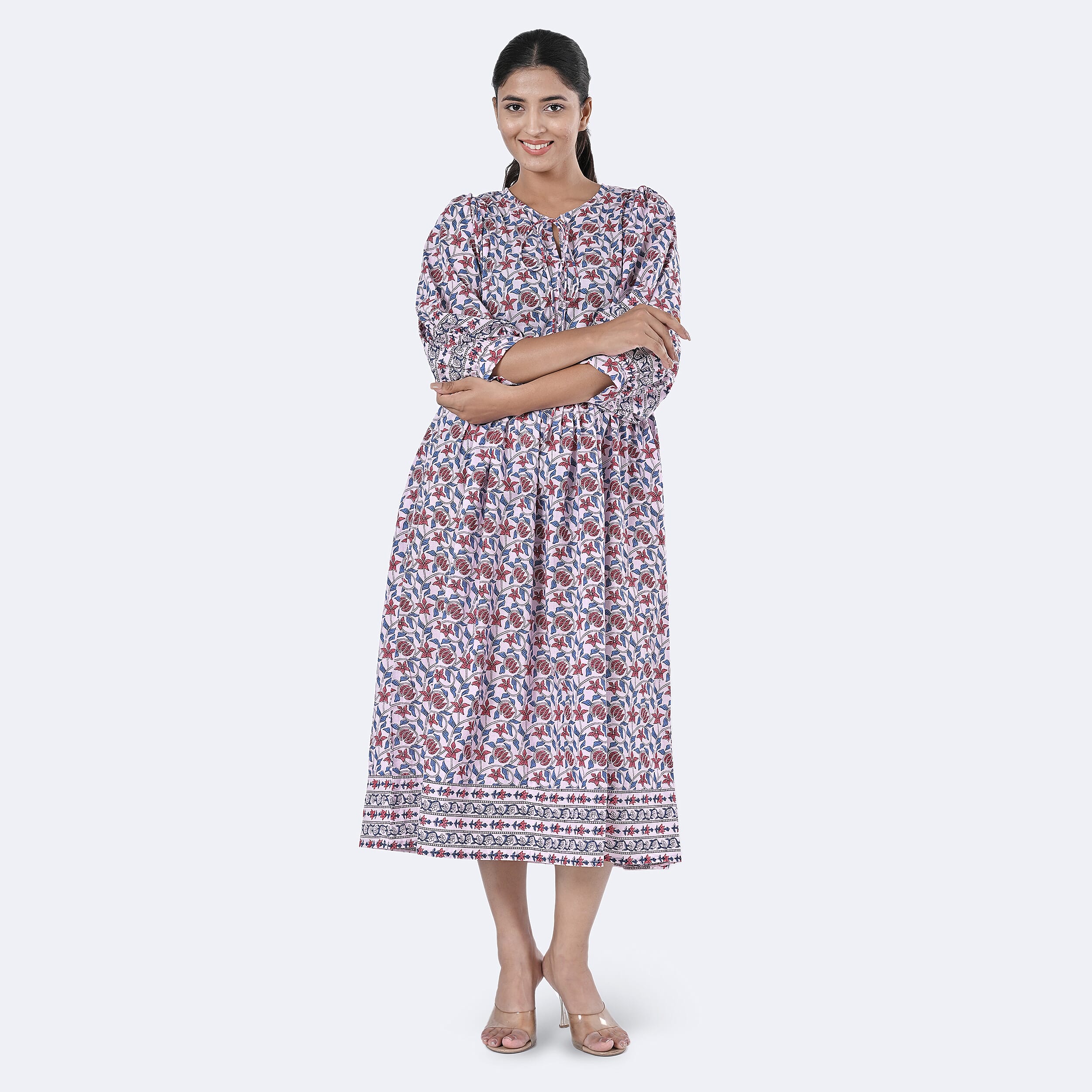 La Marey Womens Hand Block Print Cotton Dress with Bottom and Sleeve Hem Border 