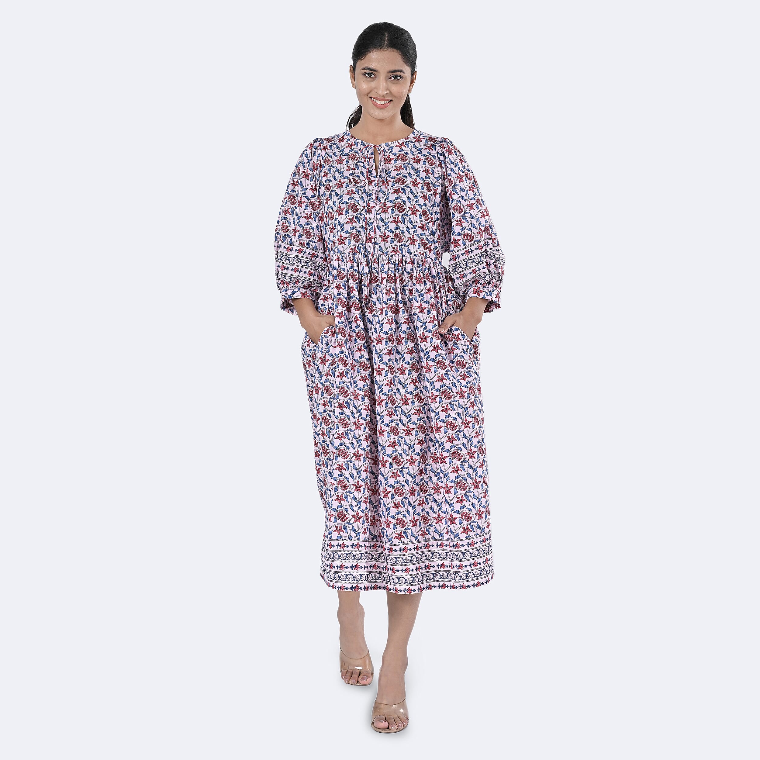 La Marey Womens Hand Block Print Cotton Dress with Bottom and Sleeve Hem Border 
