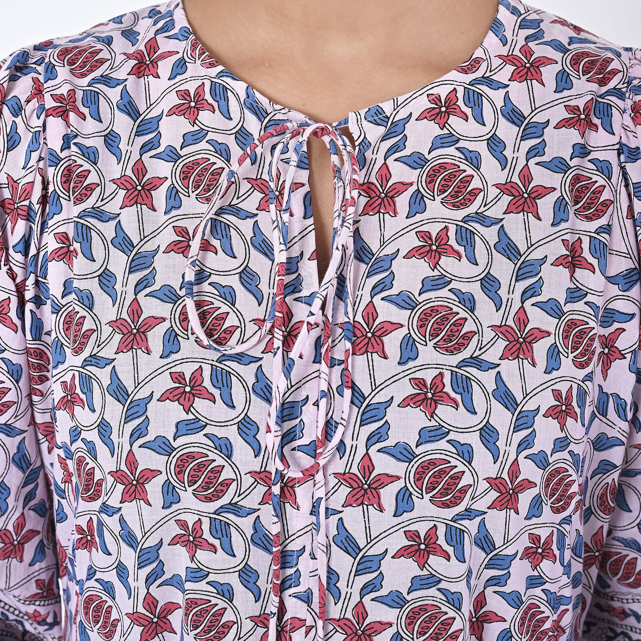 La Marey Womens Hand Block Print Cotton Dress with Bottom and Sleeve Hem Border 