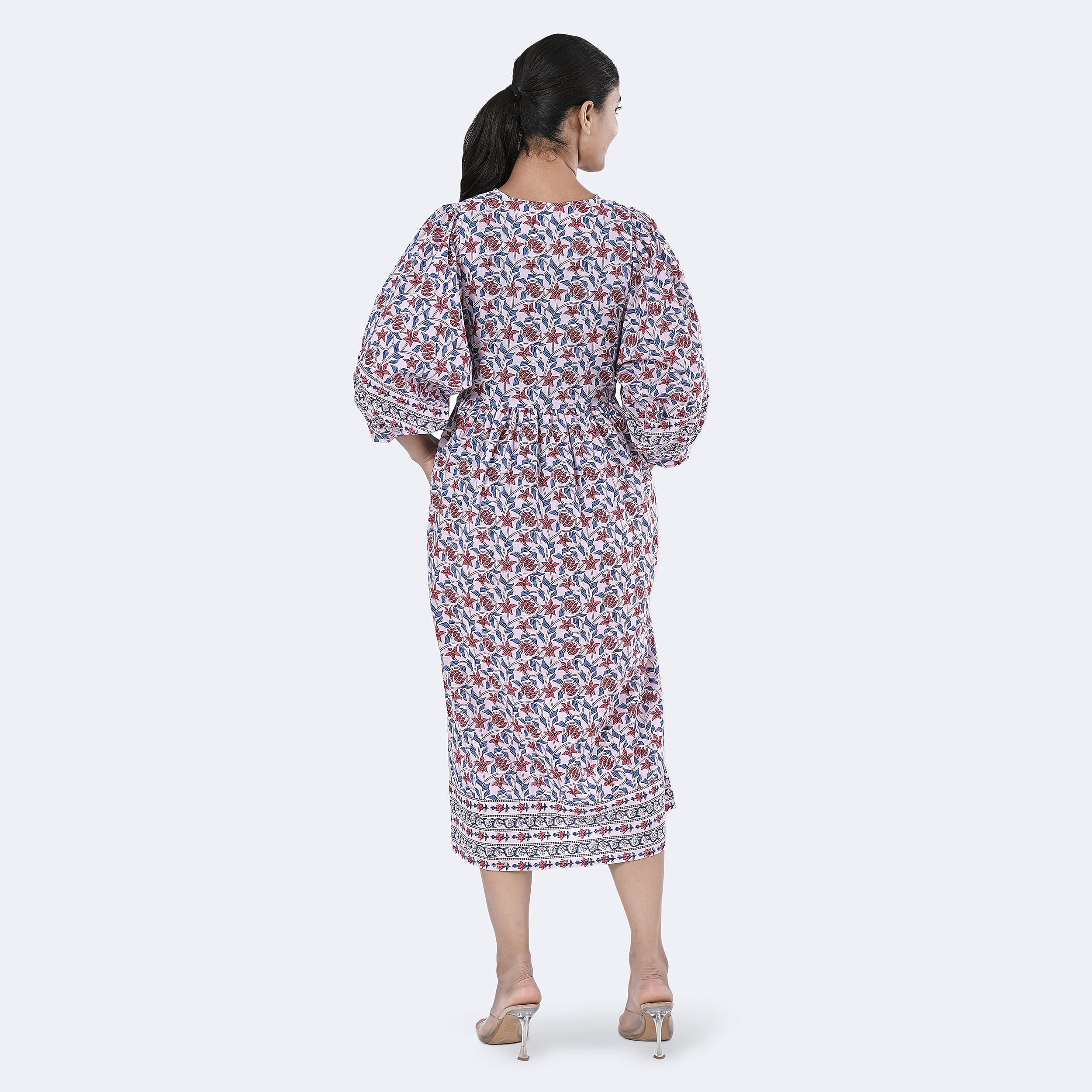 La Marey Womens Hand Block Print Cotton Dress with Bottom & Sleeve Hem Border (Size XXL) - Purple