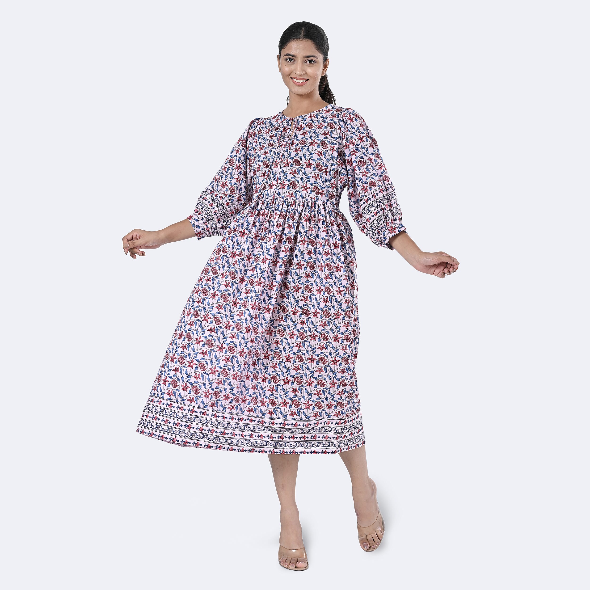 La Marey Womens Hand Block Print Cotton Dress with Bottom & Sleeve Hem Border (Size XXL) - Purple