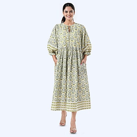Sukriti 100% Cotton Traditional Hand Block Printed Midi Dress (Size XXL) - White, Yellow - Green